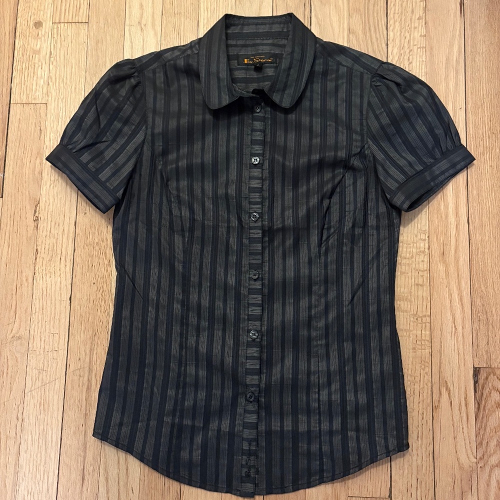 Ben Sherman Puffed Short Sleeve Blouse Black and Grey stripe
